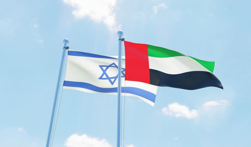 UAE and Israel, two flags waving against blue sky. 3d image