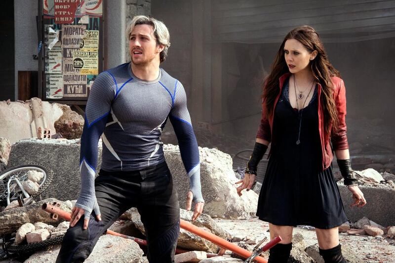 Aaron Taylor-Johnson, left, as Quicksilver and Elizabeth Olsen as Scarlet Witch in Avengers: Age of Ultron. Disney / Marvel via AP Photo