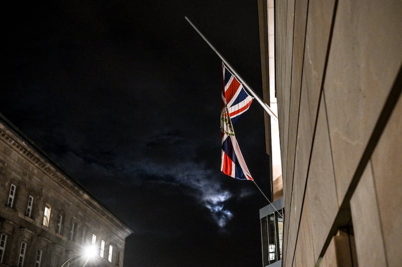 A Union flag flies at half-mast at the British embassy in Berlin, Germany 08 September 2022, following the death of Britain's Queen Elizabeth II. EPA