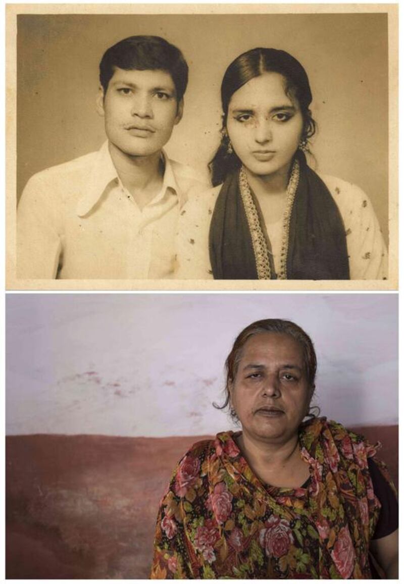 A combination picture shows Zubeida, right, with her husband Salim Rehman in an undated family photograph, top, and, bottom, Zubeida Bi alone in Bhopal. Bi said that Rehman died as a result of gas poisoning after the 1984 Bhopal disaster.