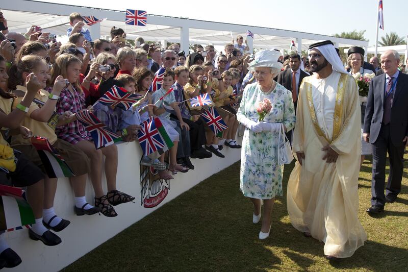 The queen was welcomed by Sheikh Mohammed bin Rashid, Vice President and Ruler of Dubai, during her visit to Abu Dhabi in 2010. Getty