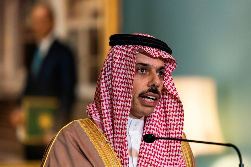 FILE PHOTO: Saudi Minister of Foreign Affairs Prince Faisal bin Farhan Al Saud speaks during his meeting with U.S. Secretary of State Mike Pompeo, at the State Department, in Washington, U.S., October 14, 2020. Manuel Balce Ceneta/Pool via REUTERS/File Photo