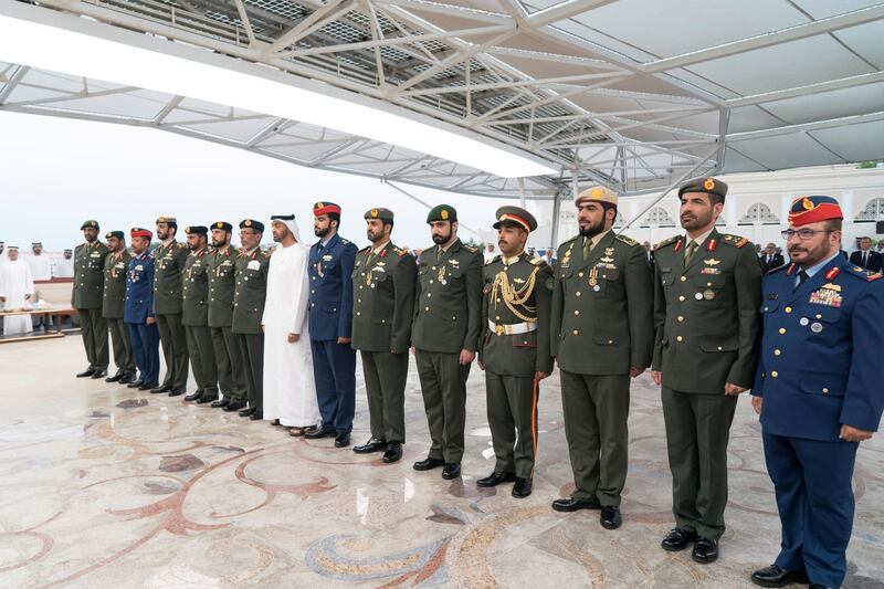 ABU DHABI, UNITED ARAB EMIRATES - November 12, 2018: HH Sheikh Mohamed bin Zayed Al Nahyan Crown Prince of Abu Dhabi Deputy Supreme Commander of the UAE Armed Forces (8th L), stands for a photograph with members of the UAE Armed Forces who received Medals of Bravery and Medals of Glory, during a Sea Palace barza. Seen with HE Brigadier General Saleh Mohamed Saleh Al Ameri, Commander of the UAE Ground Forces (L), HE Lt General Hamad Thani Al Romaithi, Chief of Staff UAE Armed Forces (7th L) and HE Major General Ibrahim Nasser Al Alawi, Commander of the UAE Air Forces and Air Defence (R).


( Rashed Al Mansoori / Ministry of Presidential Affairs )
---