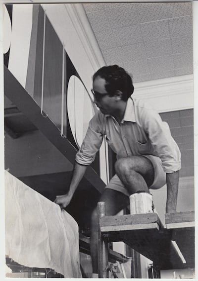 Mohamed Melehi working on a project in the cafeteria of the Minneapolis Institute of the Arts, 1962. Courtesy Safieddine-Melehi archives / Toni Maraini
