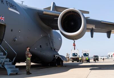 epa08606705 A handout photo made available by the Royal Air Force of a Royal Air Force C-17 aircraft, at Beirut International Airport, Lebanon, 15 August 2020 (made available 16 August 2020).Following the UKâ€™s continued support to disaster relief operations in Beirut, an RAF C-17 carrying cold storage containers departed Brize Norton and arrived in Beirut on Saturday. The cold storage containers, which can be used to store medical supplies, have been provided to the Lebanese Armed Forces who are facilitating the disaster relief response.  EPA/Cpl Will Drummee RAF HANDOUT CROWN COPYRIGHT HANDOUT EDITORIAL USE ONLY/NO SALES