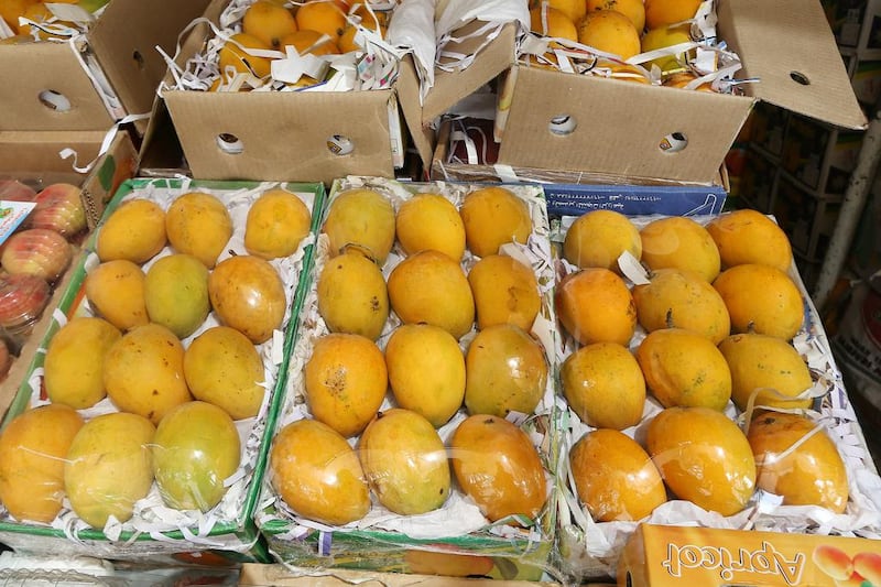 Indian mangoes on sale at the Al Aweer Fruit and Vegetables Market in Dubai. Food safety inspectors have found unacceptable levels of pesticides and dangerous chemicals in some fruit and vegetables imported from India. Pawan Singh / The National