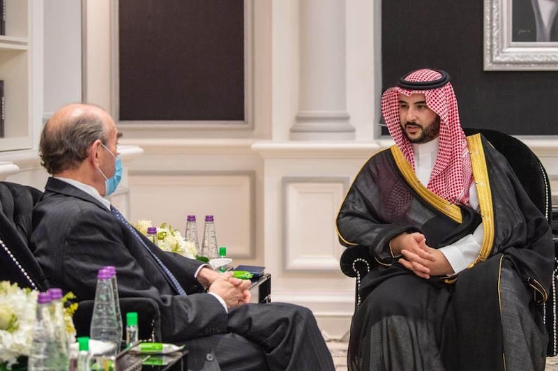 Saudi Deputy Defense Minister Prince Khalid bin Salman met with the US special envoy on Iran, Elliott Abrams, posted on Twitter. Courtesy Saudi Deputy Defense Minister Prince Khalid bin Salman