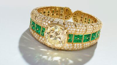 A emerald and diamond cuff, that will be auctioned as part of the Heidi Horton collection in May, in Geneva