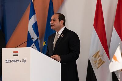 Egypt's President Abdel Fatah El Sisi during a joint news briefing with Greece's Prime Minister Kyriakos MItsotakis and Cyprus's President Nicos Anastasiades in Athens on October 19. AP