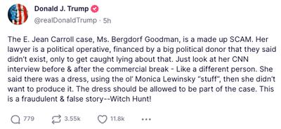 Mr Trump's Truth Social posting about the E Jean Carroll case on April 26, 2023. Photo: Screengrab