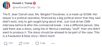 Mr Trump's Truth Social posting about the E Jean Carroll case on April 26, 2023. Photo: Screengrab