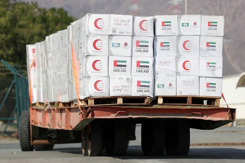 The supplies for Gaza have been collected and donated by charitable groups, philanthropists, companies and their employees, and packed by volunteers and workers including Emiratis and residents