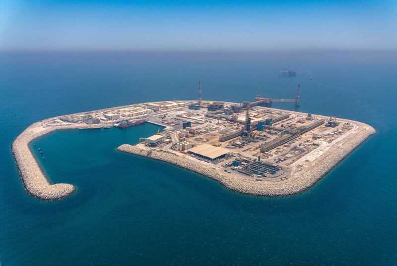 An Adnoc artificial drilling island. The state oil company plans to raise production capacity to 5 million barrels per day by 2030. Photo: Adnoc