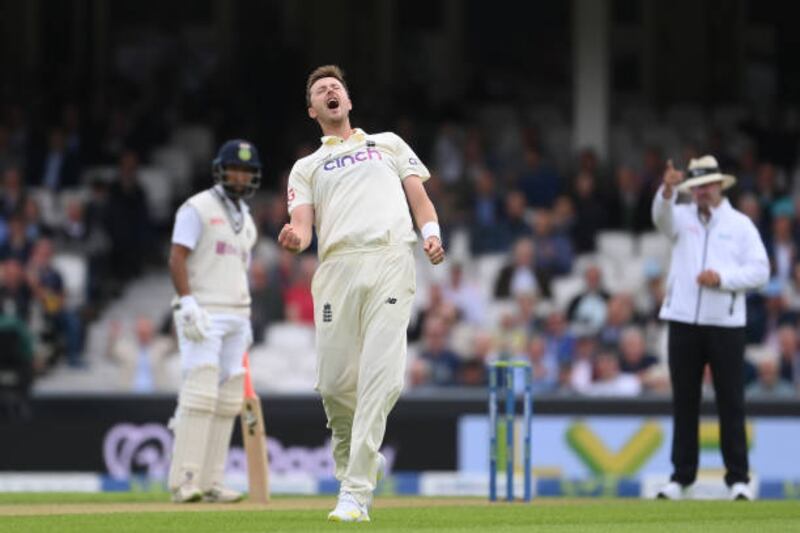 England bowler Ollie Robinson celebrates after trapping KL Rahul of India lbw for 17. Getty