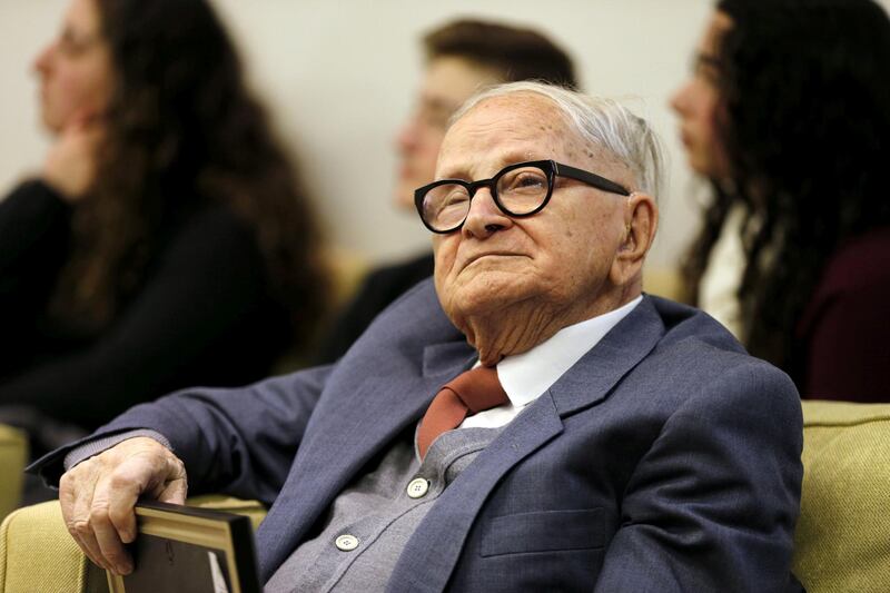 REFILE - REMOVING ERRONEOUS 2ND SENTENCE  FILE PHOTO: Rafi Eitan, who was involved in the capture of Adolf Eichmann, an architect of the Nazi Holocaust, sits during a ceremony to mark 55 years since the Eichmann trial of at Israeli President Reuven Rivlin's residence in Jerusalem January 27, 2016.  REUTERS/Ammar Awad/File Photo