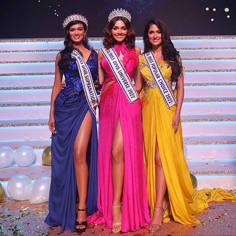The three top prize winners. From left, Pragnya Ayyagari, Miss Diva Supranational 2022; Divita Rai, Miss Diva Universe 2022; and Ojasvi Sharma, Miss Popular Choice 2022.