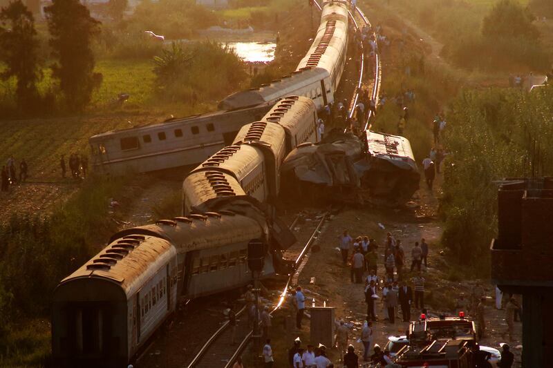 Two trains are seen after they collided just outside Egypt’s Mediterranean port city of Alexandria. Ravy Shaker / AP Photo