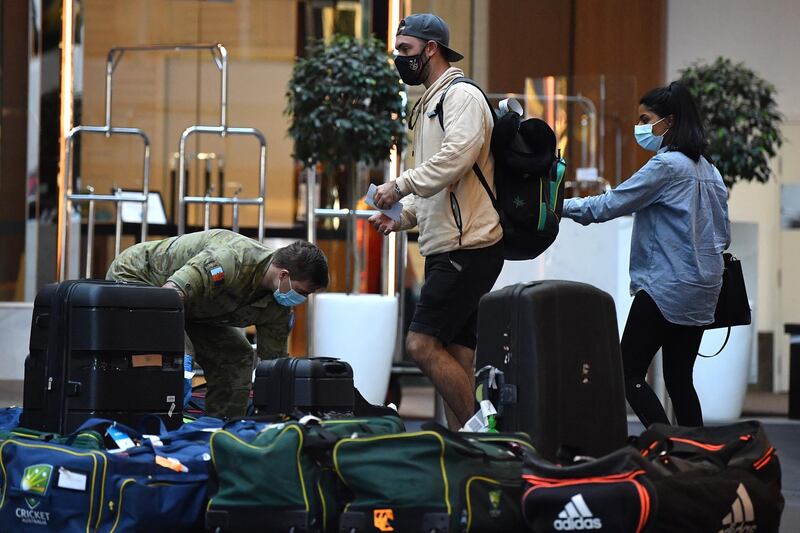 Australian cricketer Glenn Maxwell arrives for hotel quarantine at the Marriott Hotel in Sydney. EPA