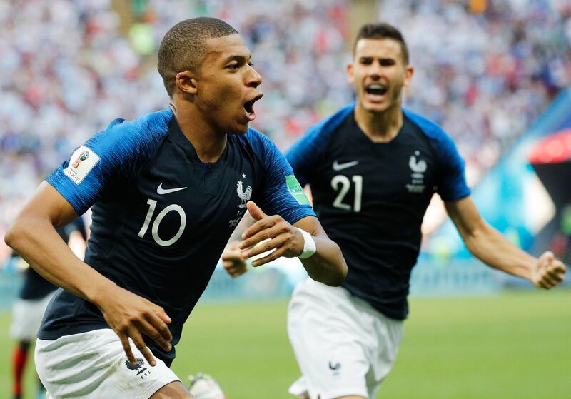epaselect epa06852232 Kylian Mbappe of France celebrates scoring the 3-2 goal during the FIFA World Cup 2018 round of 16 soccer match between France and Argentina in Kazan, Russia, 30 June 2018.

(RESTRICTIONS APPLY: Editorial Use Only, not used in association with any commercial entity - Images must not be used in any form of alert service or push service of any kind including via mobile alert services, downloads to mobile devices or MMS messaging - Images must appear as still images and must not emulate match action video footage - No alteration is made to, and no text or image is superimposed over, any published image which: (a) intentionally obscures or removes a sponsor identification image; or (b) adds or overlays the commercial identification of any third party which is not officially associated with the FIFA World Cup)  EPA/SERGEY DOLZHENKO   EDITORIAL USE ONLY
