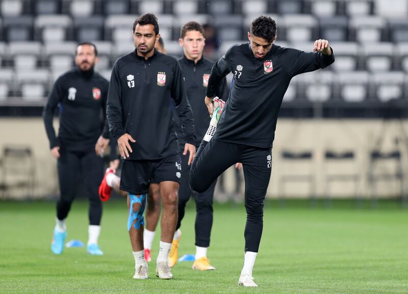 Al Ahly's Taher Mohamed trains ahead of the game against Monterrey in the Fifa Club World Cup UAE 2021 at Al Nahyan Stadium in Abu Dhabi.