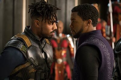 Marvel Studios' BLACK PANTHER..L to R: Erik Killmonger (Michael B. Jordan) and T'Challa/Black Panther (Chadwick Boseman). Matt Kennedy / Marvel Studios