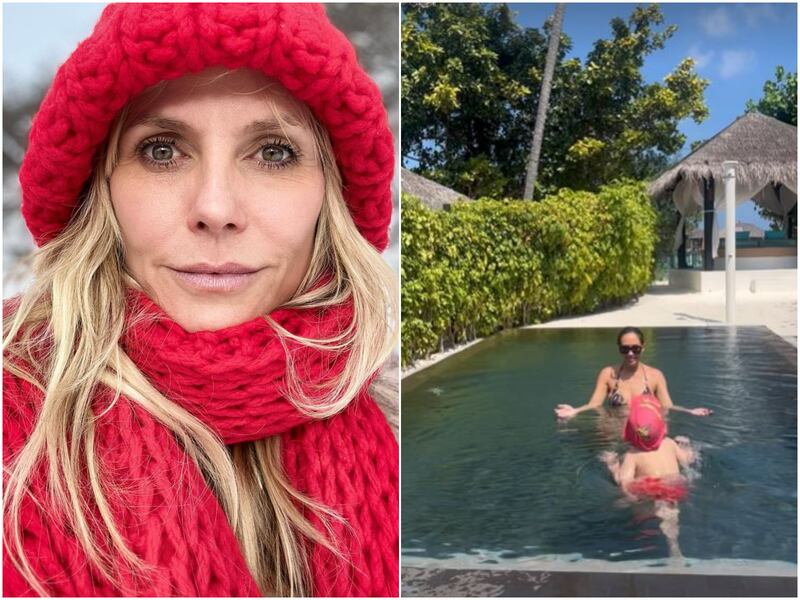 Left, Heidi Klum is ringing in 2023 in Aspen, Colorado; right, Myleene Klass is celebrating with her family in the Maldives. Photos: Instagram
