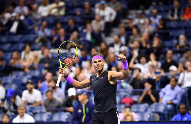 TOPSHOT - Rafael Nadal of Spain celebrates his victory over Matteo Berrettini of Italy during their Singles Men's Semi-finals match at the 2019 US Open at the USTA Billie Jean King National Tennis Center in New York on September 6, 2019.     / AFP / Johannes EISELE
