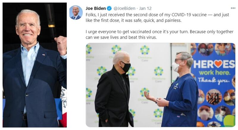 US President Joe Biden and the first lady, Jill Biden received their second dose of the Pfizer vaccine on January 11, following their first dose on December 21. EPA, Twitter