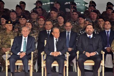 From left to right: Lebanese Parliament speaker Nabih Berri, President Michel Aoun, and caretaker Prime Minister Saad Hariri. AFP 