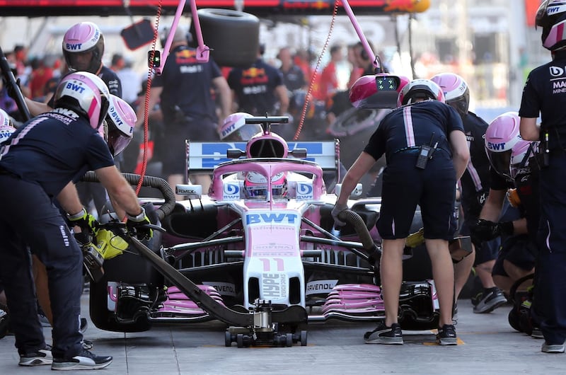 Force India driver Sergio Perez of Mexico gets a pit service. AP Photo