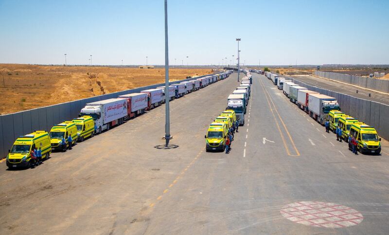 An aid convoy of lorries carrying supplies sent by the Long Live Egypt Fund lines up at the Rafah border crossing between Egypt and the Gaza Strip. Reuters