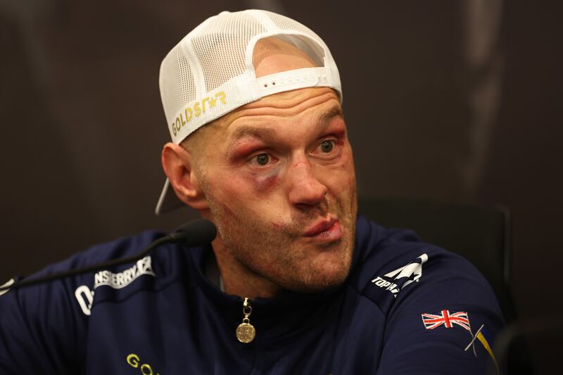 Tyson Fury speaks to the media following his defeat to Oleksandr Usyk. Getty Images