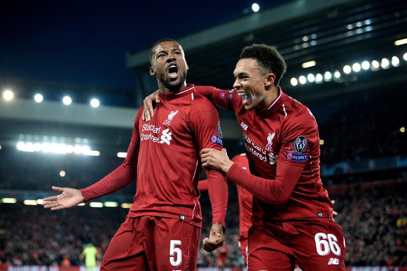 Georginio Wijnaldum celebrates after scoring Liverpool's third goal. EPA