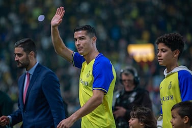 RIYADH, SAUDI ARABIA - JANUARY 03: Al-Nassr's new forward Cristiano Ronaldo greets the fans during his unveiling at the Mrsool Park Stadium on January 3, 2023 in Riyadh, Saudi Arabia. (Photo by Yasser Bakhsh / Getty Images)