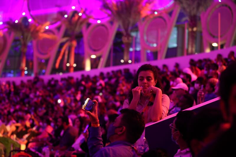 Crowds gather in Al Wasl Plaza every evening  to watch immersive shows that light up the dome at the Expo. Photo: Khushnum Bhandari / The National