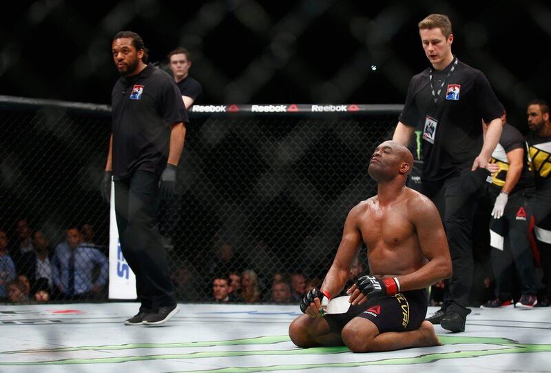 LONDON, ENGLAND - FEBRUARY 27:  Anderson Silva of Brazil starts to celebrate his victory believing that he had knocked out Michael Bisping of Great Britain during the Middleweight Bout of the UFC Fight Night  at The O2 Arena on February 27, 2016 in London, England.  (Photo by Christopher Lee/Getty Images)