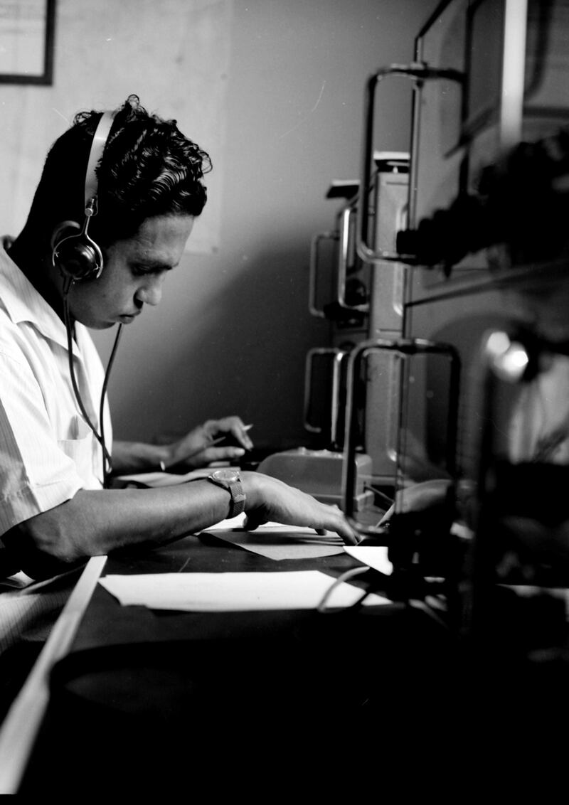 Operator sending messages by Morse in the Communications Centre on Das Island, September 1962  *** Local Caption *** *eds note* Mandatory Credit - Courtesy BP Archive