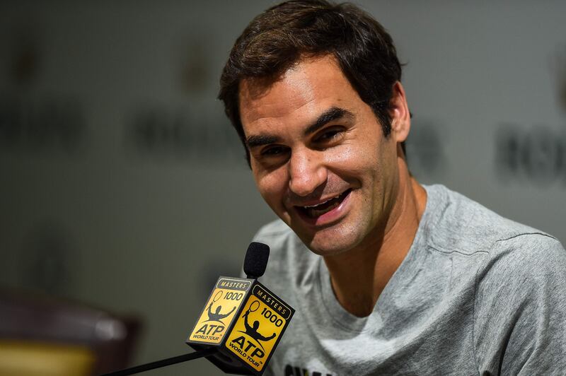 Roger Federer of Switzerland attends a press conference at the Shanghai Masters in Shanghai on October 9, 2017.  / AFP PHOTO / CHANDAN KHANNA