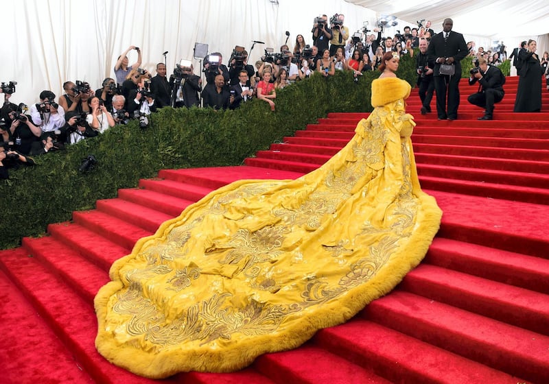 Rihanna arrives at the 2015  Metropolitan Museum of Art's Costume Institute Gala benefit in honor of the museum’s latest exhibit “China: Through the Looking Glass”  May 4, 2015 in New York.      AFP PHOTO /  TIMOTHY  A. CLARY (Photo by TIMOTHY A. CLARY / AFP)
