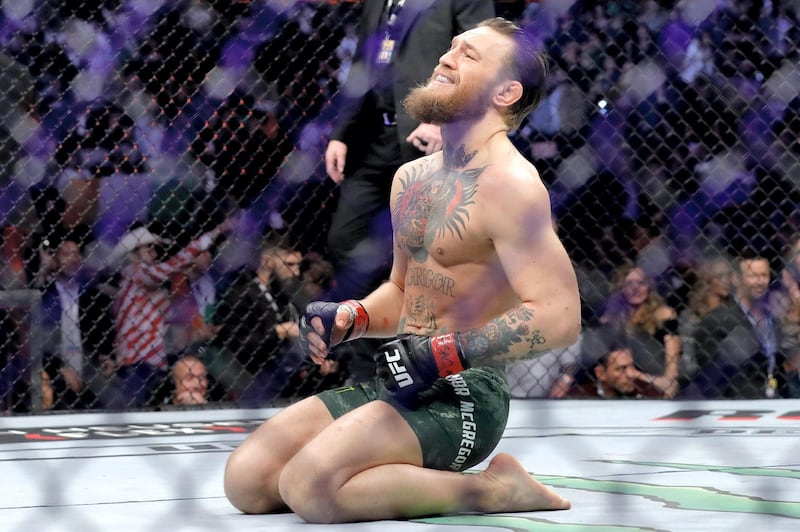 LAS VEGAS, NEVADA - JANUARY 18: Conor McGregor celebrates his first round TKO victory against Donald Cerrone in a welterweight bout during UFC246 at T-Mobile Arena on January 18, 2020 in Las Vegas, Nevada.   Steve Marcus/Getty Images/AFP