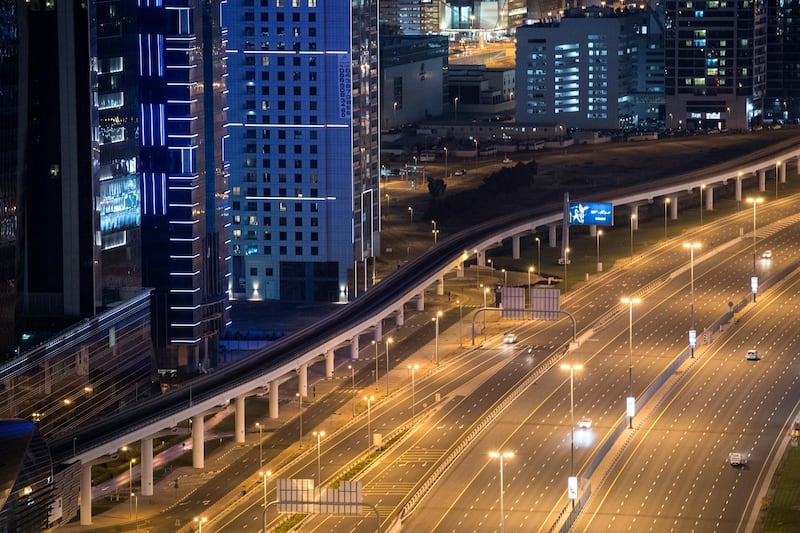 The main stretch of Sheikh Zayed Road near Downtown Dubai. Hundreds of thousands of vehicles would usually be on the roads on a Thursday night. EPA