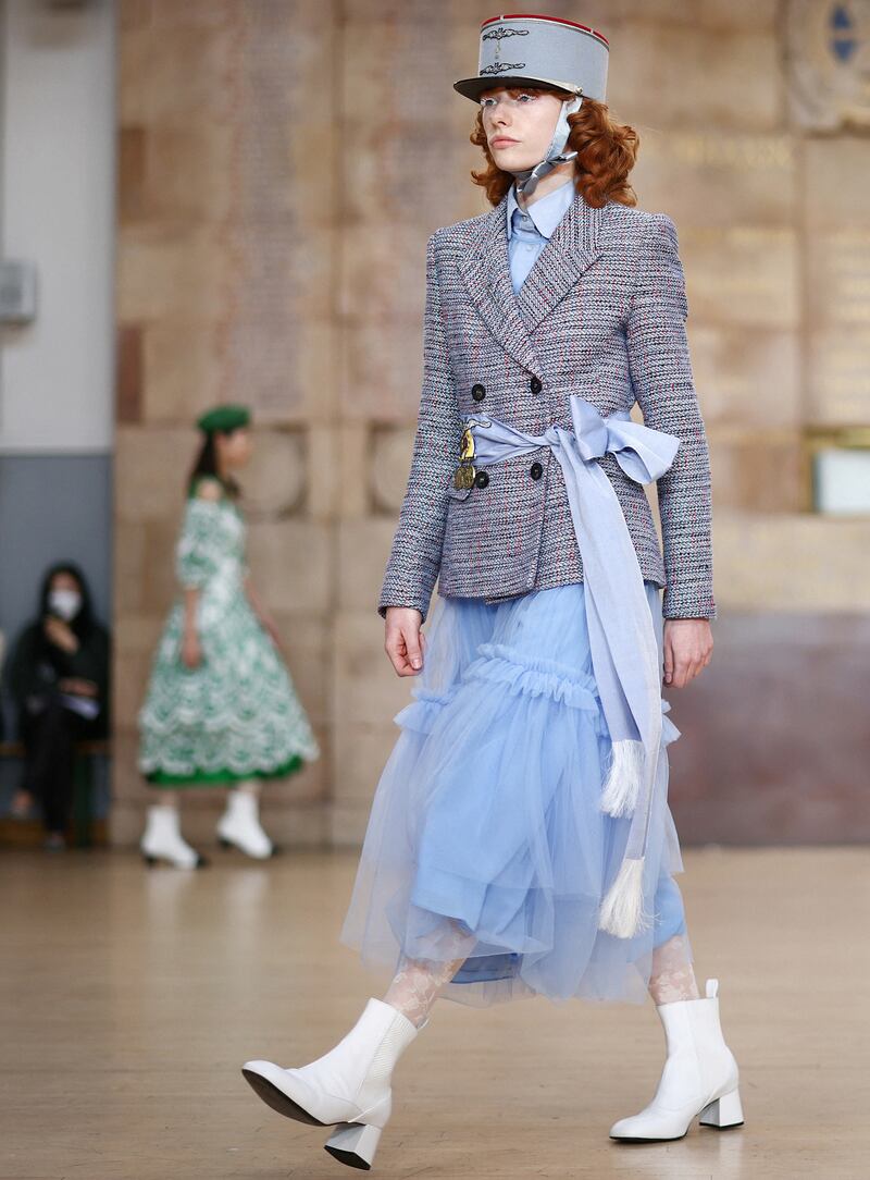 The Bora Aksu show used largely deadstock fabrics to create a show inspired by military uniforms. Reuters. 