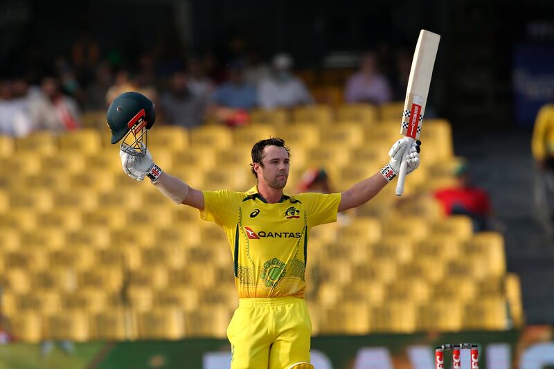 Australia's Travis Head celebrates after making a century off 70 balls during the first One Day International between Pakistan and Australia at Gaddafi Stadium in Lahore, Pakistan, on Tuesday, March 29, 2022. He was out caught by Khushdil Shah off the bowling of Iftikhar Ahmed for 101. AP 