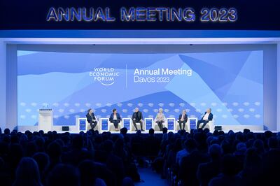 Panellists at the Global Economic Outlook: Is this the End of an Era? session at the WEF Annual Meeting in Davos, Switzerland. Photo: WEF