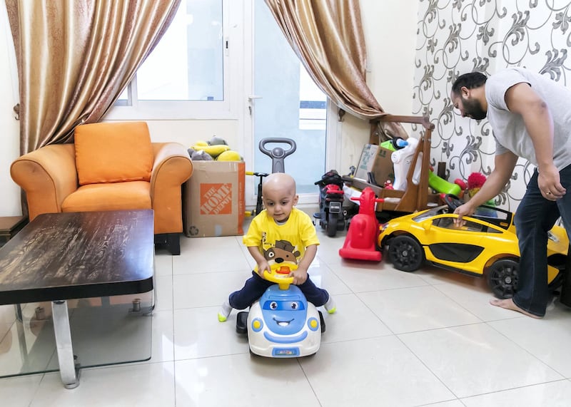 DUBAI, UNITED ARAB EMIRATES. 19 APRIL 2020. 
Aarev Shetty, 2, rides his car. He just returned from the hospital after receiving his cancer treatmentl. (Photo: Reem Mohammed/The National)

Reporter:
Section: