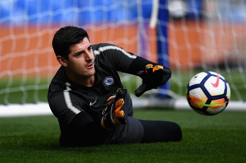 LONDON, ENGLAND - OCTOBER 21:  Thibaut Courtois of Chelsea makes a save during the warm up prior to the Premier League match between Chelsea and Watford at Stamford Bridge on October 21, 2017 in London, England.  (Photo by David Ramos/Getty Images)