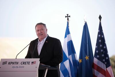 epa08705459 A handout photo made available by the Greek Prime Minister's press office shows US Secretary of State Mike Pompeo speaking during a press conference at the military facilities of the Souda Naval Base in Chania, Crete Island, Greece, 29 September 2020. Visiting US State Secretary Mike Pompeo will be hosted for two days at Prime Minister Kyriakos Mitsotakis' family home in Akrotiri, north of Souda Bay on Crete Island. Pompeo's visit to Greece underlines the renewed strategic relationship between USA and Greece and the geostrategic role of Greece as a factor of stability and security in the wider region.  EPA/DIMITRIS PAPAMITSOS HANDOUT  HANDOUT EDITORIAL USE ONLY/NO SALES