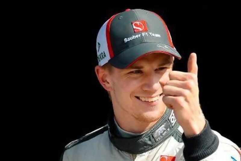 Nico Hulkenberg signals delight to his Sauber crew after qualifying for the Italian Grand Prix. He will start third on Sunday.