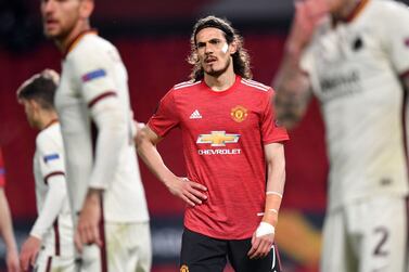 Manchester United's Uruguayan striker Edinson Cavani looks on during the UEFA Europa League semi-final, first leg football match between Manchester United and Roma at Old Trafford stadium in Manchester, north west England, on April 29, 2021. / AFP / Paul ELLIS