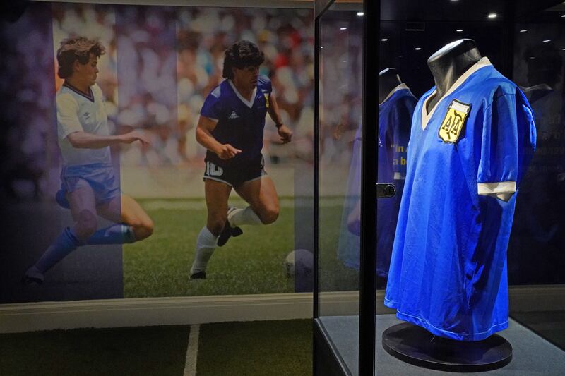 Diego Maradona's 1986 World Cup 'Hand of God' shirt on display at Sotheby's in London. PA